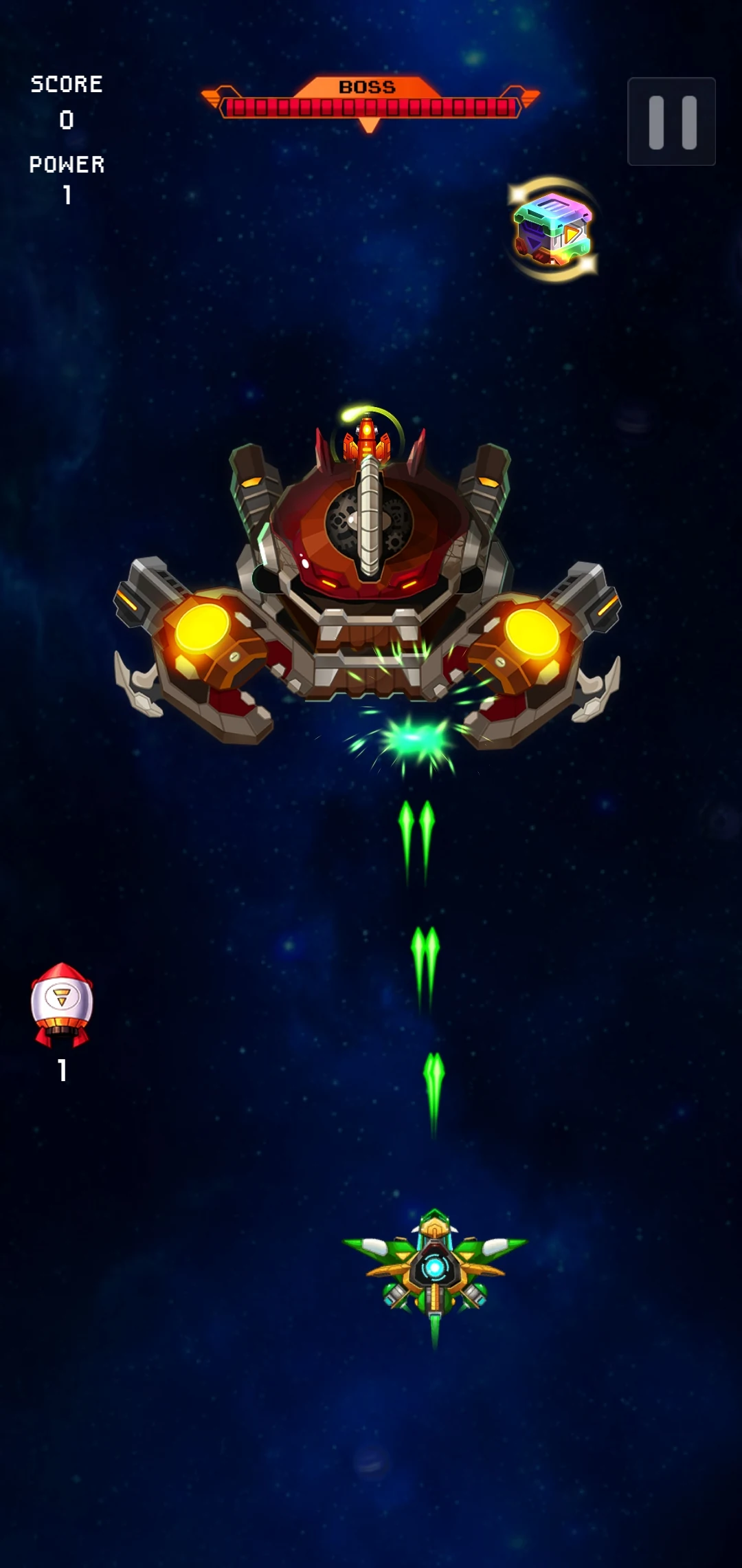 A giant mechanical Boss confronting the player ship