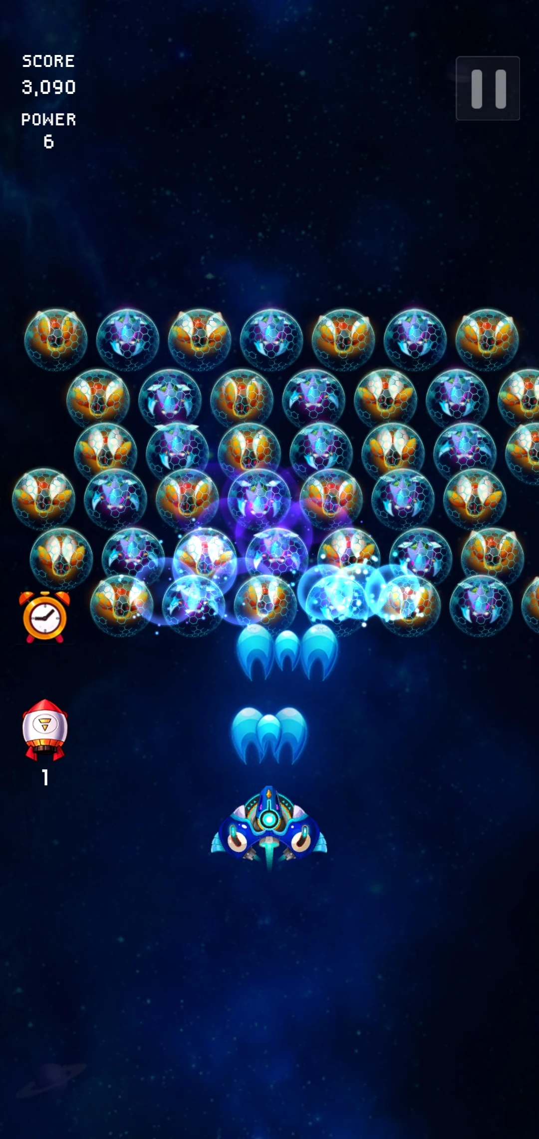 Dense rows of shielded enemies closing in on a Space Hunter fighter