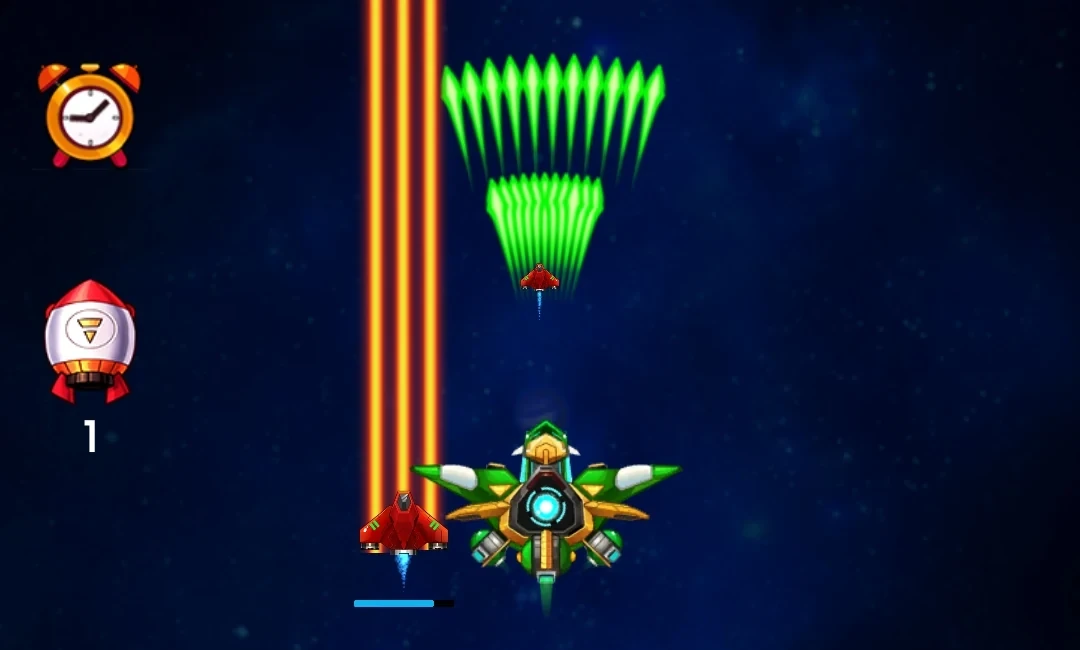 A Space Hunter fighter and its Wing Ship firing a laser through an enemy wave