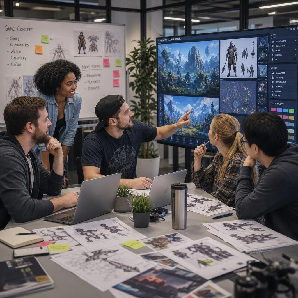 A creative team discussing colorful game artwork together at a large monitor.